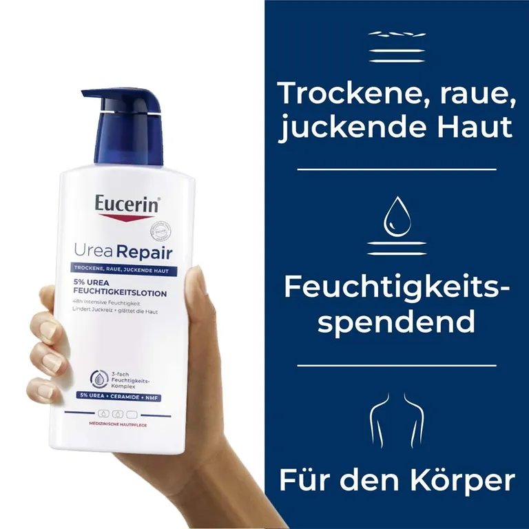 shopapotheke Eucerin® UreaRepair 5% Urea Feuchtigkeitslotion – 48h intensive Pflege für trockene bis sehr trockene Haut - Jetzt 20% sparen mit Code "eucerin20" + Eucerin AtopiControl Hydro-Lotion 20ml GRATIS Vierteljährliche Förderung