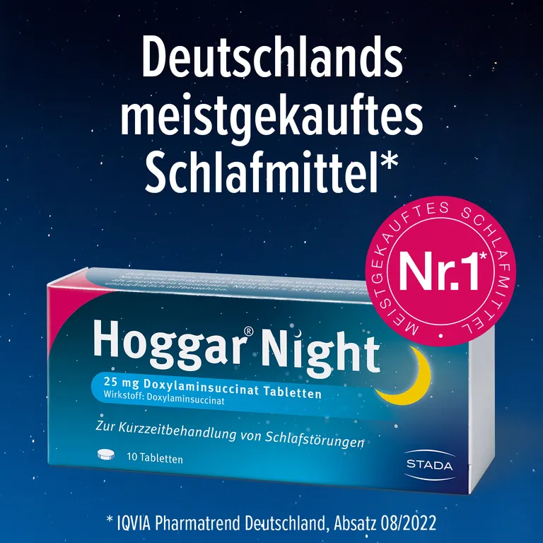 shopapotheke Hoggar® Night Tabletten: Nicht nur einschlafen sondern durchschlafen. 25 mg Doxylaminsuccinat Schlaftabletten für die Kurzzeitbehandlung von akuten Schlafstörungen zollfrei