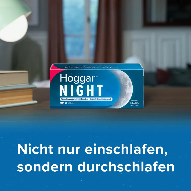shopapotheke Hoggar® Night Tabletten: Nicht nur einschlafen sondern durchschlafen. 25 mg Doxylaminsuccinat Schlaftabletten für die Kurzzeitbehandlung von akuten Schlafstörungen zollfrei