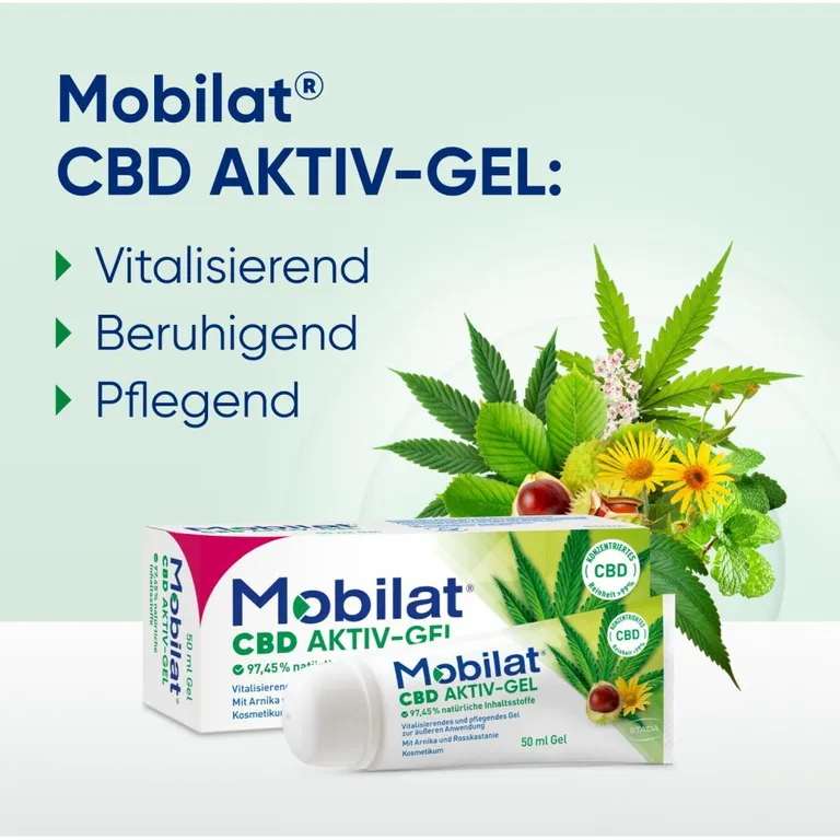 shopapotheke Mobilat® CBD Aktiv-Gel: Vitalisierendes und pflegendes Gel zur Entspannung beanspruchter Körperpartien. Mit hochkonzentriertem CBD (>99% Reinheit) Arnika-Extrakt und Rosskastanien-Extrakt. Kosmetikum Kostenloser Versand international