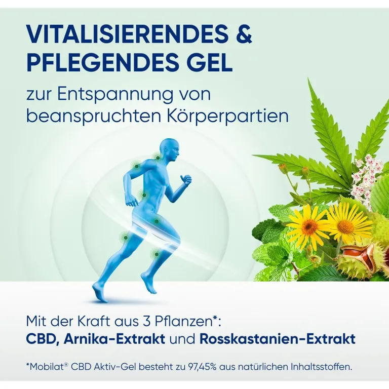shopapotheke Mobilat® CBD Aktiv-Gel: Vitalisierendes und pflegendes Gel zur Entspannung beanspruchter Körperpartien. Mit hochkonzentriertem CBD (>99% Reinheit) Arnika-Extrakt und Rosskastanien-Extrakt. Kosmetikum Kostenloser Versand international