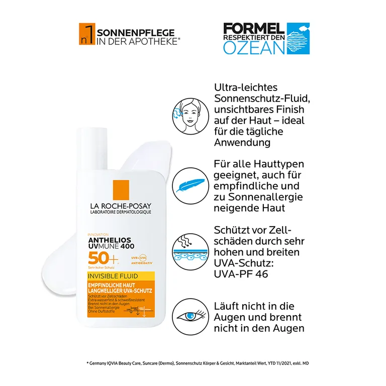 shopapotheke La Roche Posay Anthelios Invisible Fluid UVMune 400 LSF 50+: Sonnencreme für das Gesicht für zu Sonnenallergie neigende und empfindliche Haut Versandkostenfrei