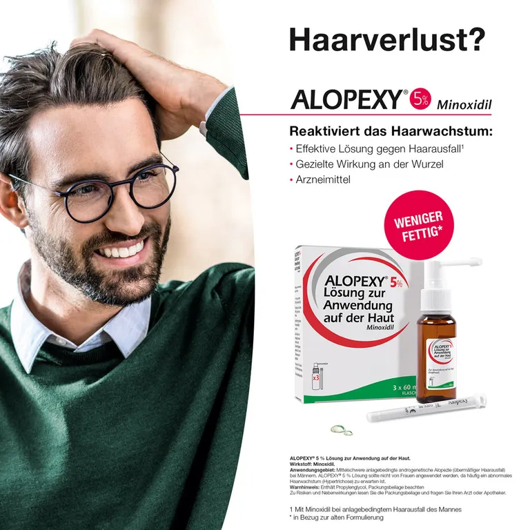 shopapotheke ALOPEXY 5% Lösung zur Anwendung auf der Haut 3X60 ml gegen anlagebedingten Haarausfall Nur noch ein Tag übrig