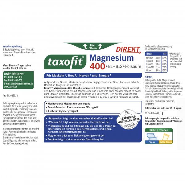 bodyguardapotheke TAXOFIT Magnesium 400+B1+B6+B12+Folsäure 800 Gran Bis zu 55% Rabatt