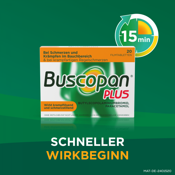 bodyguardapotheke BUSCOPAN plus Filmtabletten mit Paracetamol bei stärkeren Schmerzen und Krämpfen im Bauchbereich JETZT KAUFEN
