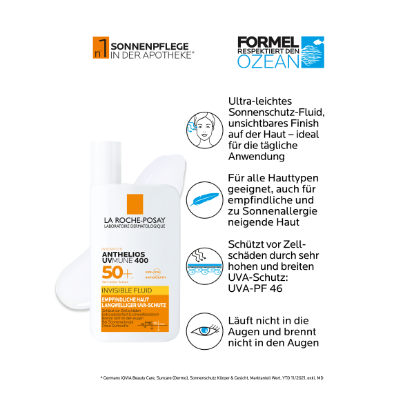bodyguardapotheke LA ROCHE-POSAY Anthelios Sonnenschutz Invisible Fluid UVMune400 LSF 50+ für alle Hauttypen geeignet JETZT KAUFEN