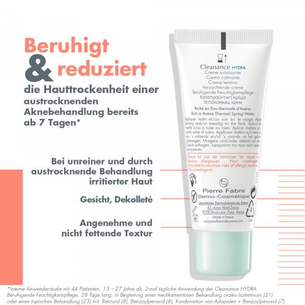 bodyguardapotheke Avène Cleanance Hydra beruhigende Feuchtigkeitspflege bei dermatologischer Behandlung von Akne Auslauf