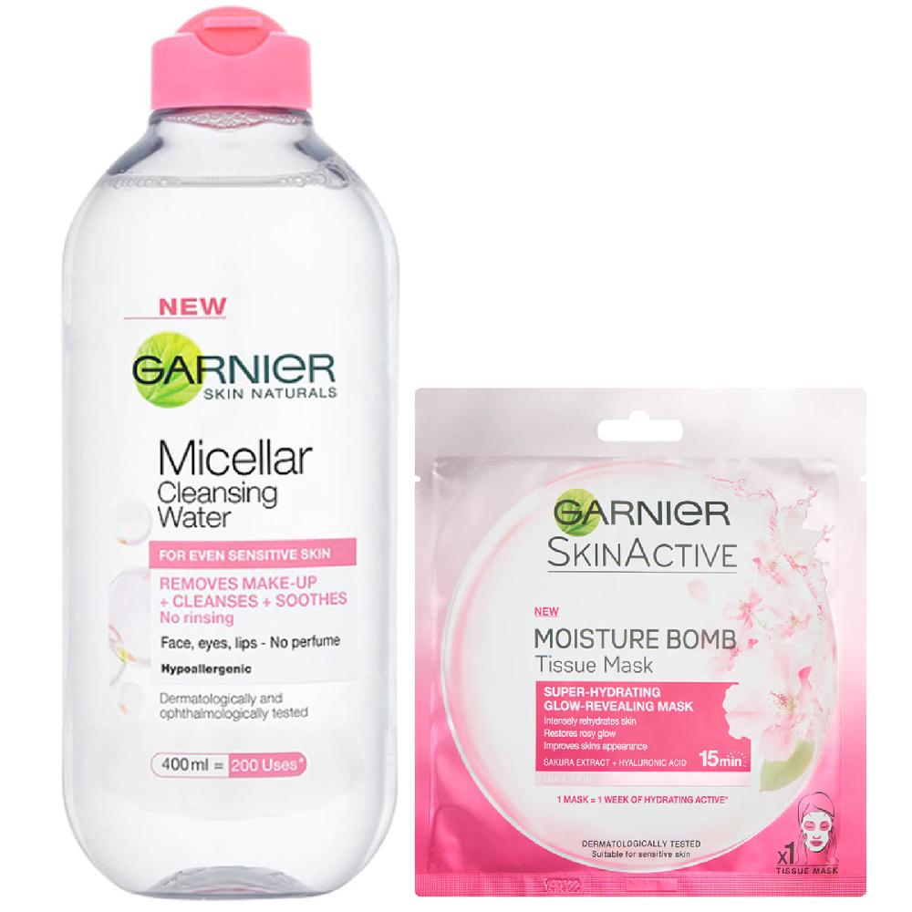 lookfantastic Garnier Micellar Water Sensitive Skin and Hydrating Moisture Bomb Face Sheet Mask Kit Exclusive Hotsell